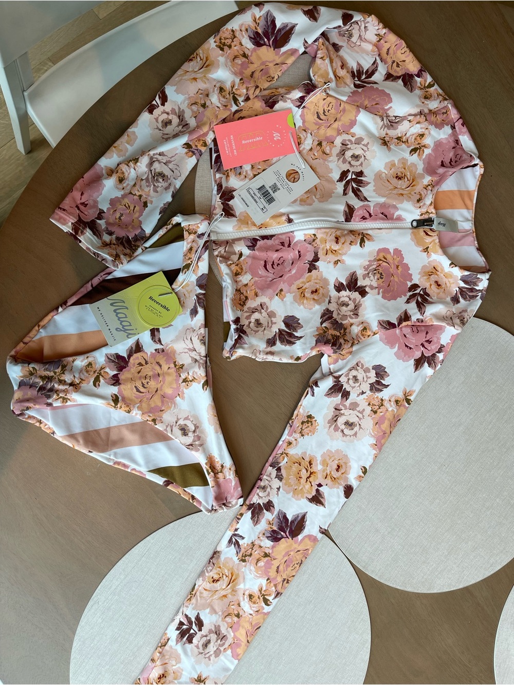 Maaji White Floral Zip-Front Long Sleeve Reversible Bikini - Pink & Peach - Picture 3 of 6